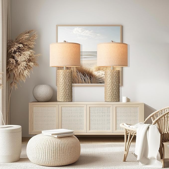 PARTPHONER 23" Modern Ceramic Table Lamp Set of 2, Table Lamps for Living Room, Rustic Farmhouse Bedside Lamps Nightstand lamp for Bedroom, Desk Lamp for End Table Home Decor Beige
