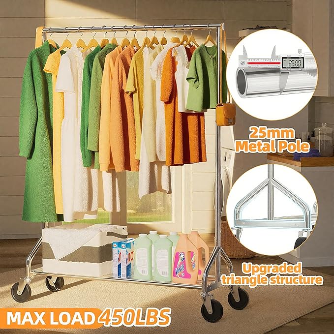 Heavy Duty Rolling Clothes Rack with Wheels and Shelves, 450 lbs Capacity, Portable Garment Rack for Hanging Clothes, Standing Wardrobe for Closet, Bedroom, Commercial Use, Chrome
