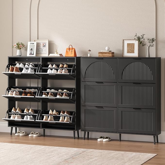 Shoe Cabinet for Entryway with 6 Flip Drawers, Slim Wooden Shoe Storage Organizer with Modern Fluted Pannel，Freestanding Narrow Hidden Shoe Rack for Hallway, Foyer, Living Room