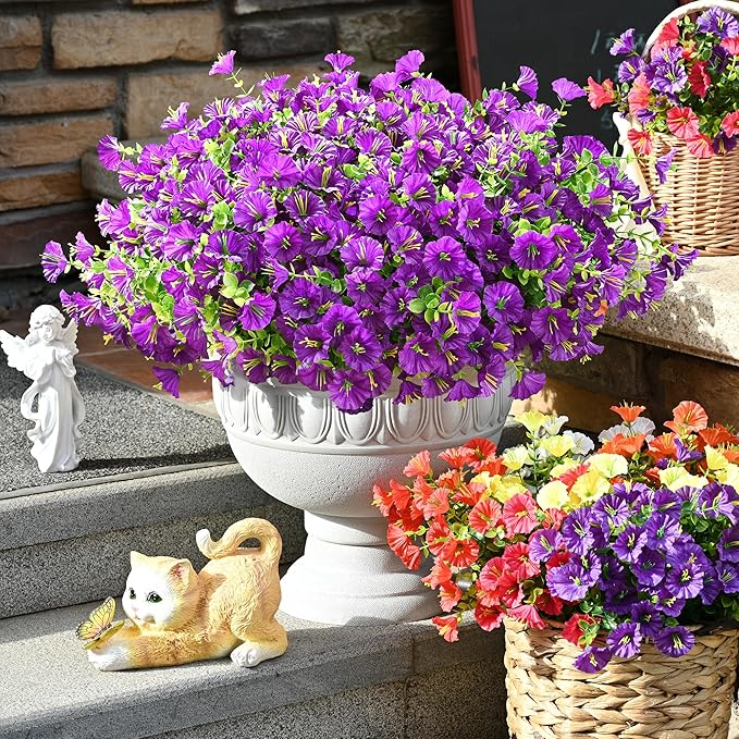 Waipfaru Artificial Flowers for Outdoors, 24 Bundles Faux Plants Outdoor, UV Resistant Artificial Plants Outdoor, Silk Petunias Fake Flowers for Outside Home Decor Planter Porch Decoration, Purple