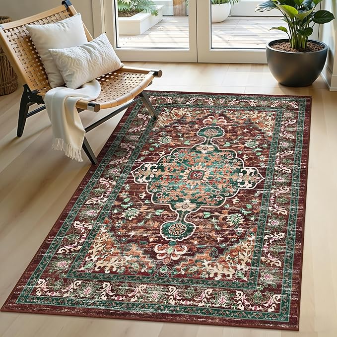U'Artlines Boho Vintage Area Rug 3x5 Machine Washable Low Pile Ultra-Thin Soft Floor Carpet Non Slip Non Shedding Accent Rug for Living Room Bedroom Entryway Dining Room Office Rust＆Teal