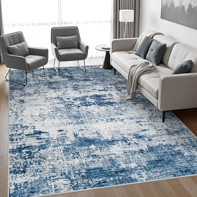 9x12 Area Rug Living Room Rug: Washable Modern Abstract Soft Thin Rug Indoor Floor No Slip Stain Resistant Carpet for Bedroom Dining Room Farmhouse Nursery Home Office - Blue