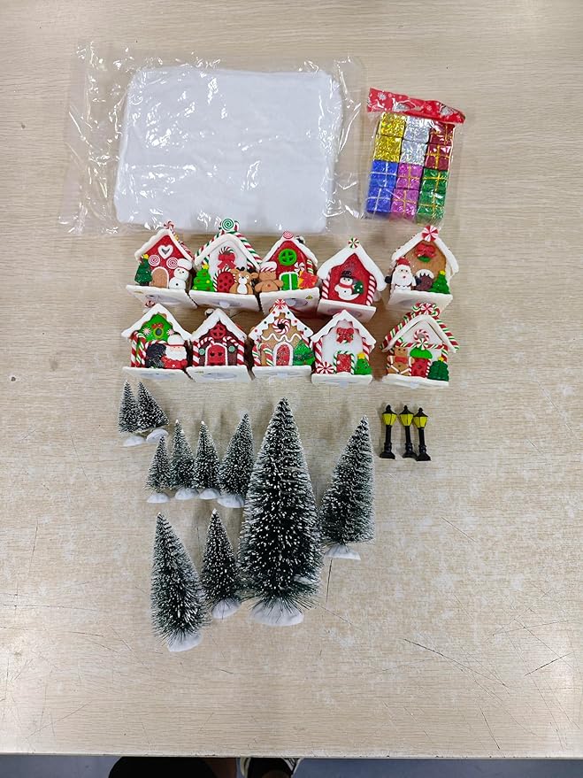 Shappy 48 Pcs Christmas Village Houses Town Buildings Accessories 10 Light up Christmas Village House 12 Mini Trees 12 LED Lights 2 Snow Blanket Box for DIY(Vintage Style)