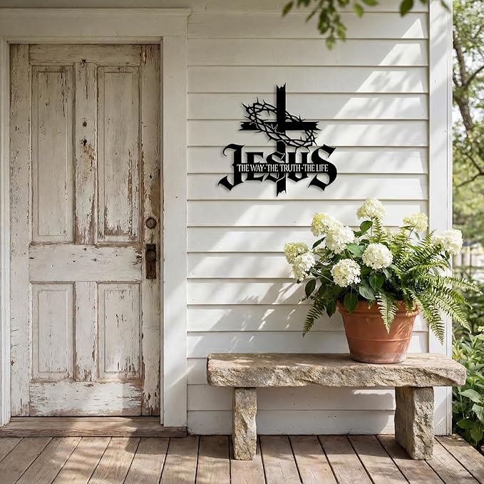 Jesus Wall Art Cross Wall Decor with Crown of Thorns - Metal Christian Wall Art "The Way The Truth The Life" Sign, Black Iron Religious Wall Art & Christian Wall Decor for Home Living Room Church