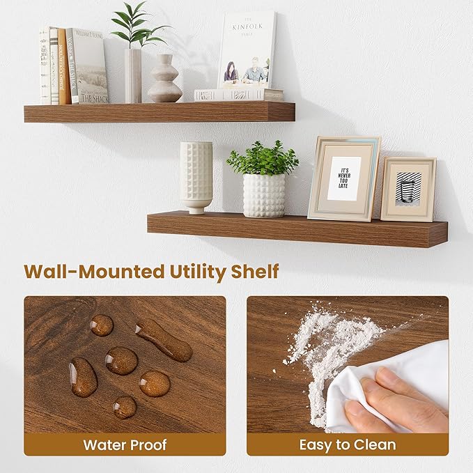 Fun Memories Floating Shelves 30 Inch, Wall Mounted Wood Shelf Set of 2, Farmhouse Decor for Bathroom, Bedroom, Kitchen, Living Room, Walnut