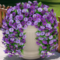 Artificial Fake Hanging Flowers Plants for Outdoor Decoration, 2PCS Faux Silk Morning Glory Long Vines Stems UV Resistant Look Real for Spring Summer Outside Home Porch Patio, Purple