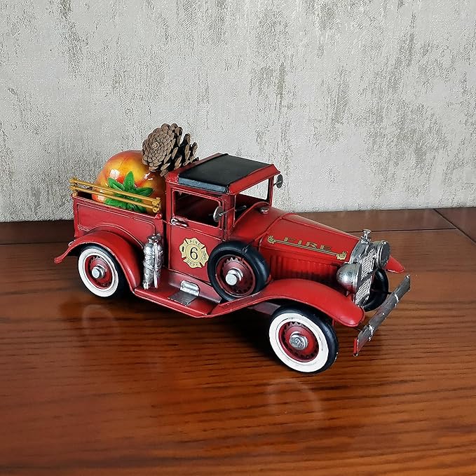 Vintage Fire Truck Model Fire Engine Rustic Metal Home Decor Collectible Vehicle Firemen Handcraft Gift 11.3’’L