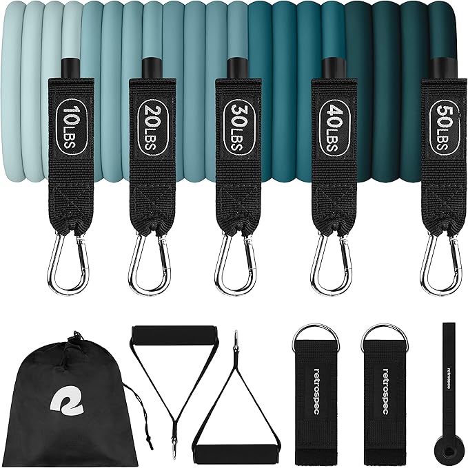 Retrospec Train Resistance Bands Set for Working Out - 5 Stackable Bands, Handles & Door Anchor - Portable Fitness Equipment for Physical Therapy & Yoga Includes Carry Bag