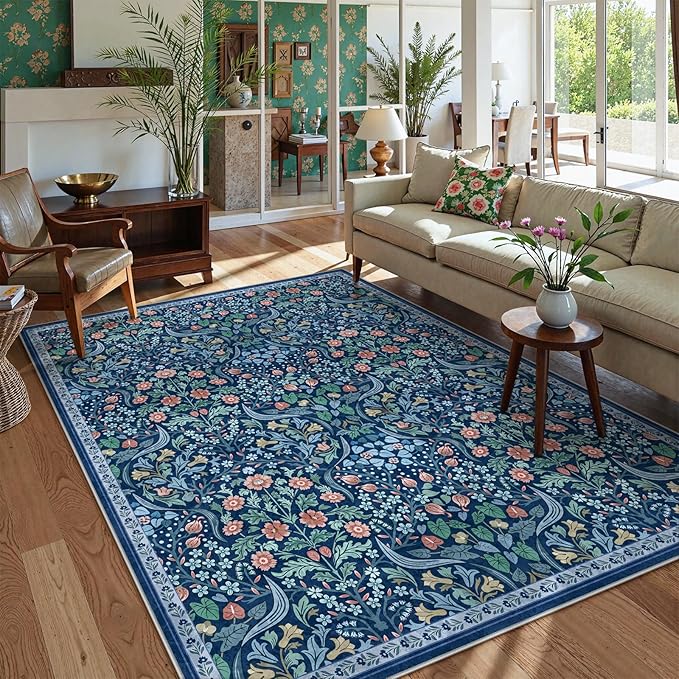 Moynesa Floral Washable 8x10 Rug, Large Area Rugs for Living Room, Soft 8 x 10 Boho Bedroom Rugs, Non Slip Botanical Ultra Thin Floor Carpet for Dining Room Nursery, Blue
