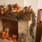 Valery Madelyn 24 inch Fall Pumpkin Teardrop Swag Autumn Harvest Door Hanger with Green & White Mini Pumpkins, Eucalyptus, Raffia, Berries and Striped Bow for Front Door Thanksgiving Table Centerpiece