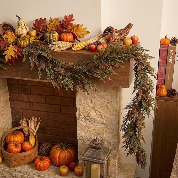 Valery Madelyn 24 inch Fall Pumpkin Teardrop Swag Autumn Harvest Door Hanger with Green & White Mini Pumpkins, Eucalyptus, Raffia, Berries and Striped Bow for Front Door Thanksgiving Table Centerpiece