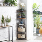 VECELO 5 Tier Corner Shelf with 2 Woven Basket, 55" Tall Standing Organizer, Rustic Brown Storage Rack, Narrow Bookshelf Display Shelves Rack for Wall Corner, Living Room, Kitchen, Bedroom, Office