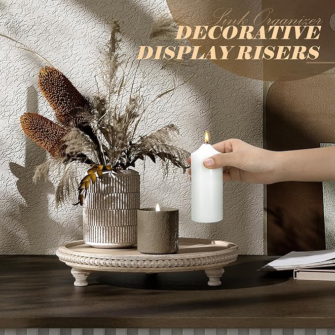 EOSAHR Rustic Round Pine Wooden Display Riser – Farmhouse Beaded Wooden Trays For Decor, Plant Stand & Coffee Table – Display Risers for Room Decor & Kitchen Organizer (Light-Natural)