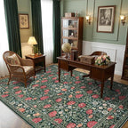 GarveeHome Green Vintage Floral Washable Rugs 5x7 for Living Room Boho Botanical Retro Rug Low Pile Stain Resistance Non Slip Carpet for Bedroom Nursery Dining Room