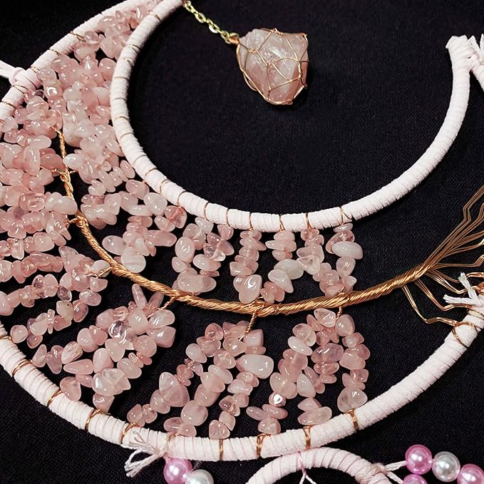 Dream Catchers,Moon Dream Catchers with Chakra Gemstone Agate Stone,Pink Tree Life Dream Catcher Wall Hangings Room Decor for Girls Bedroom Decor Art Craft Gift (Pink)