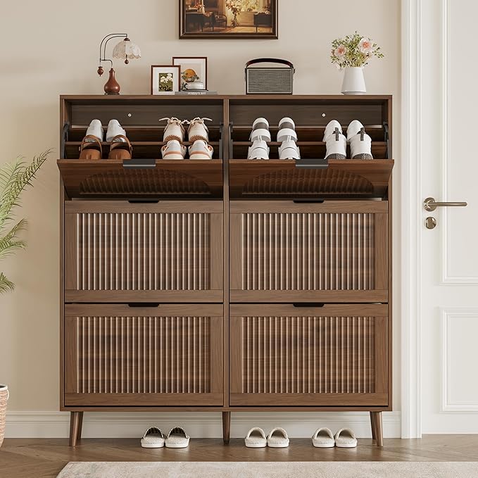 Shoe Cabinet for Entryway with 6 Flip Drawers, Slim Wooden Shoe Storage Organizer with Modern Fluted Pannel，Freestanding Narrow Hidden Shoe Rack for Hallway, Foyer, Living Room