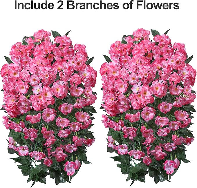 Artificial Fake Hanging Flowers Geraniums for Outdoors Spring Outside Decor, 2 PCS Faux Silk Flowers UV Resistant Outdoor Plants Realistic White Trailing Vines for Planters Porch Patio Garden Balcony