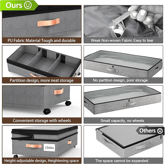 Under Bed Storage with Wheels - 2Pack 70L UnderBed Storage Containers with Clear Lid & Label, Rolling Under Bed Storage Bins for Clothes, Shoes, Blankets (XXL,Grey)