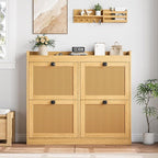 GarveeHome Shoe Cabinet Rattan with 4 Flip Drawers, Wooden Freestanding Shoe Organizer with Adjustable Shelves, Shoe Storage for Entryway, Closet, Hallway