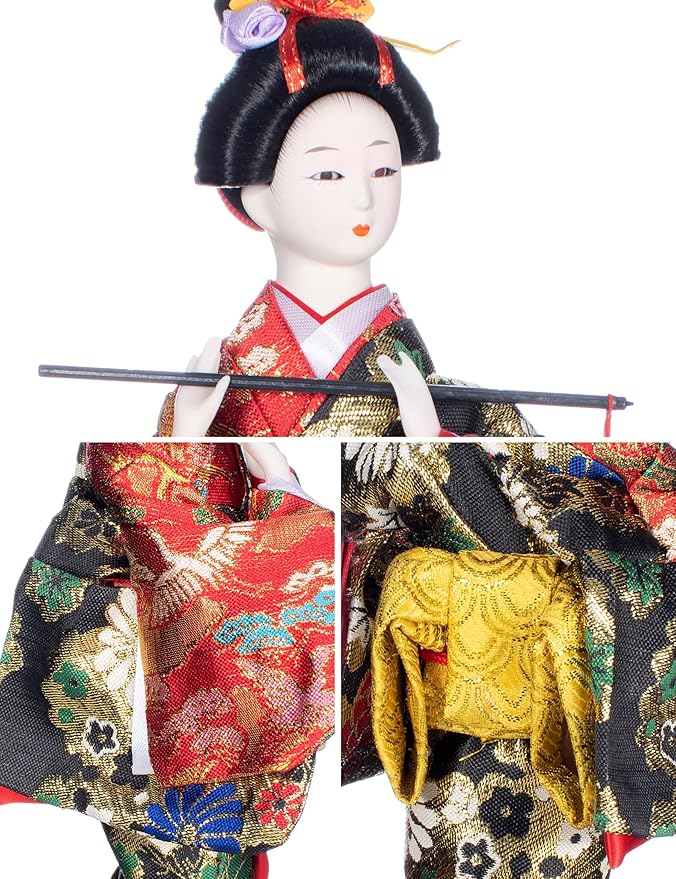 ALAMIYA Home Decoration Asian Japanese Geisha Kimono Doll Collectible Figurine Gift with Paper Fan
