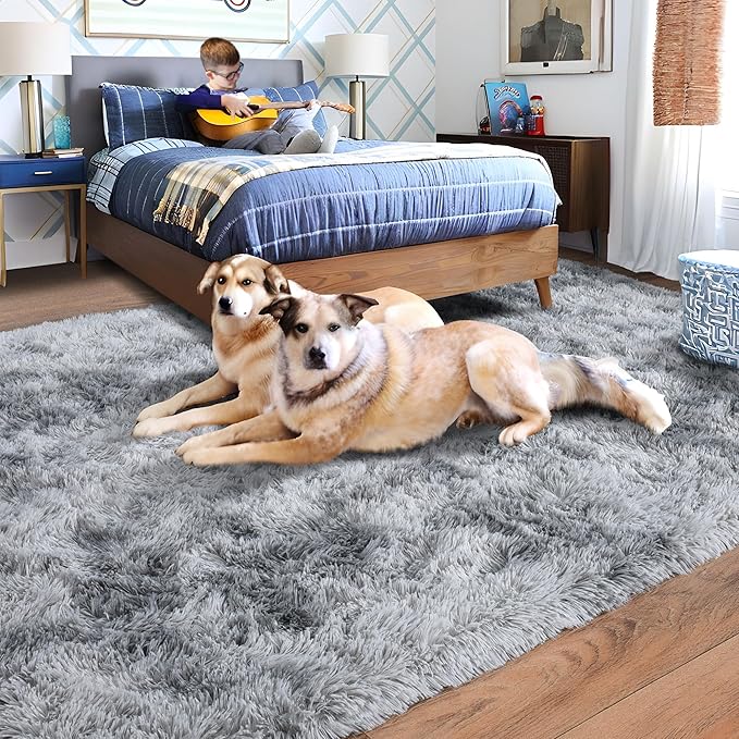 Rugs for Living Room 8x10, Soft Shaggy Modern Shag Area Rug for Bedroom, Upgrade Non-Slip Plush Fluffy Carpet for Kids Boys Girls Room Home Decor Aesthetic, Light Grey