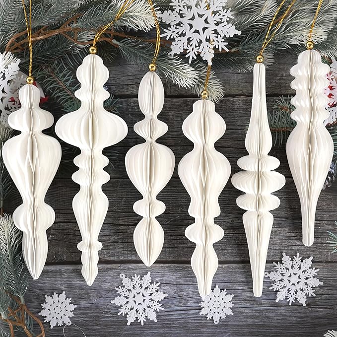 6Pcs White Finial Christmas Ornaments for Tree, 3D Paper Honeycomb Hanging Decorations Vintage Christmas Honeycomb Ornaments Lanterns for Xmas Tree Winter Wedding New Year Holiday Party Home Decor