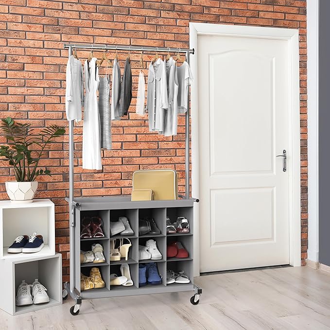 Simple Houseware Garment Rack with Extensible Haning Rod and 16 Shoes Organizer, Grey