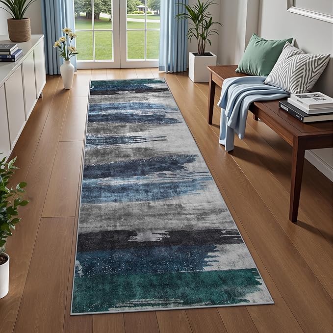 Ciicool 2x7 Washable Runner Rug, Modern Abstract Hallway Rugs Runner, Non-Slip Thin Accent Rug Lightweight Navy Grey Print Distressed Carpet for Kitchen Laundry Entryway Bedroom Indoor