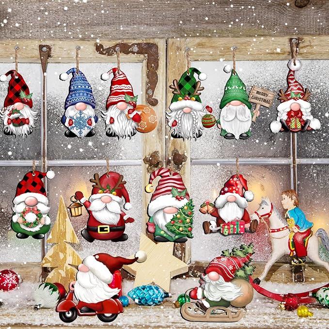 JOPHMO 24 Pieces Christmas Gnome Wooden Hanging Ornaments, Wood Hanging Decor for Christmas Tree Decoration Gnome Santa Doll Wooden Hanging Craft Gnome Elf Party Supplies