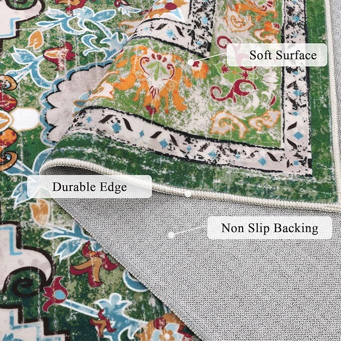 U'Artlines Boho Vintage Area Rug 8x10 Machine Washable Low Pile Soft Floor Carpet Non Slip Non Shedding Accent Rug for Living Room Bedroom Entryway Dining Room Office Green