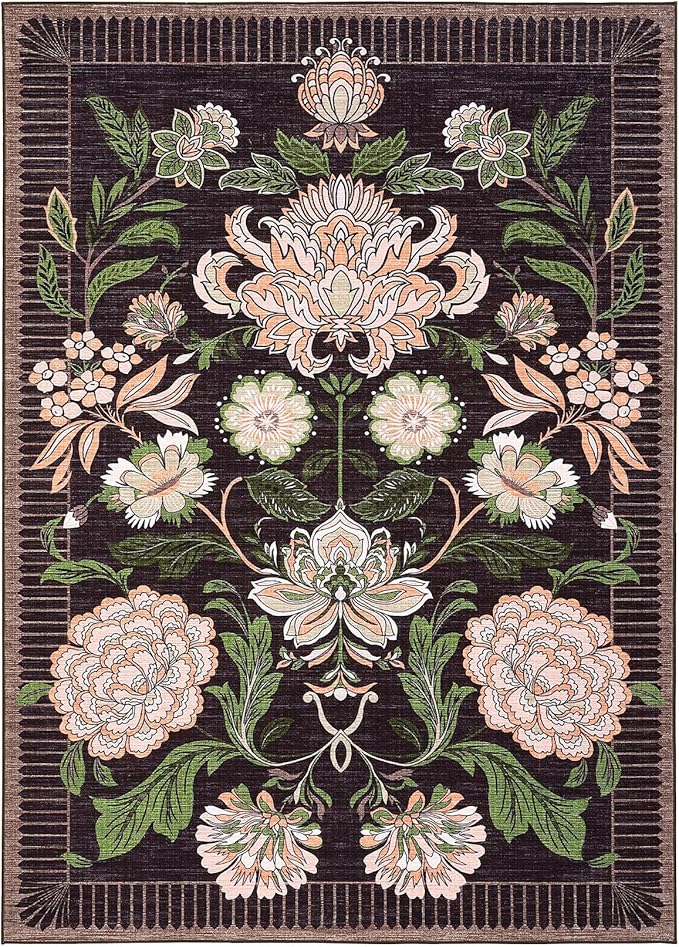 GarveeHome Plum Pink Floral Christmas Washable 5x7 Rug for Living Room, Black Purple Vintage Boho Cottage Throw Rugs Low Pile Carpet for Bedroom Dining Nursery Rug