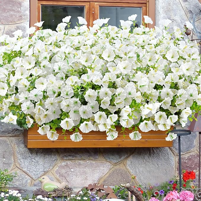 Waipfaru Artificial Flowers for Outdoors, 24 Bundles Faux Plants Outdoor, UV Resistant Artificial Plants, Silk Petunias Fake Flowers for Outside Home Decor Planter Porch Decoration, White