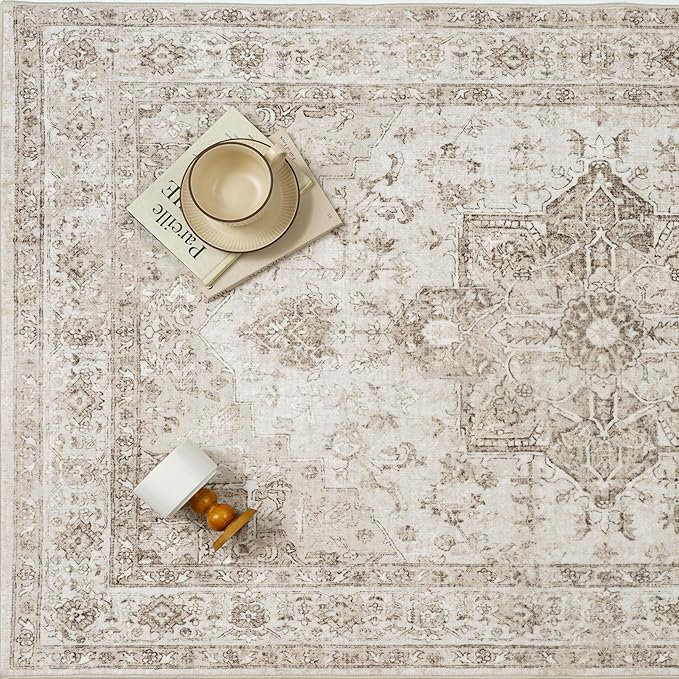 Taupe 5x7 Area Rug Washable Vintage Living Room Carpet Non Slip Retro Distressed Low Pile Soft Oriental Medallion Thin Throw Rug for Kitchen Bathroom Office Bedroom Dining Room