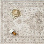 Taupe 5x7 Area Rug Washable Vintage Living Room Carpet Non Slip Retro Distressed Low Pile Soft Oriental Medallion Thin Throw Rug for Kitchen Bathroom Office Bedroom Dining Room