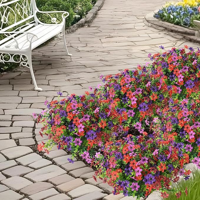 Artificial Fake Outdoor Plants Flowers for Spring Decoration, 12 Bundles UV Resistant Faux Daisy Silk Flower with Eucalyptus Stem for Outside Planters Porch Patio Yard Window Garden (Mix 4 Colors)