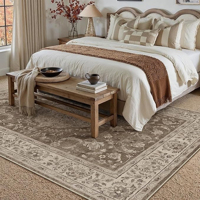 5x7 Area Rug Brown Washable Living Room Vintage Carpet Bedroom Distressed Non Slip Low Pile Thin Dining Room Office Medallion Accent Throw Rug