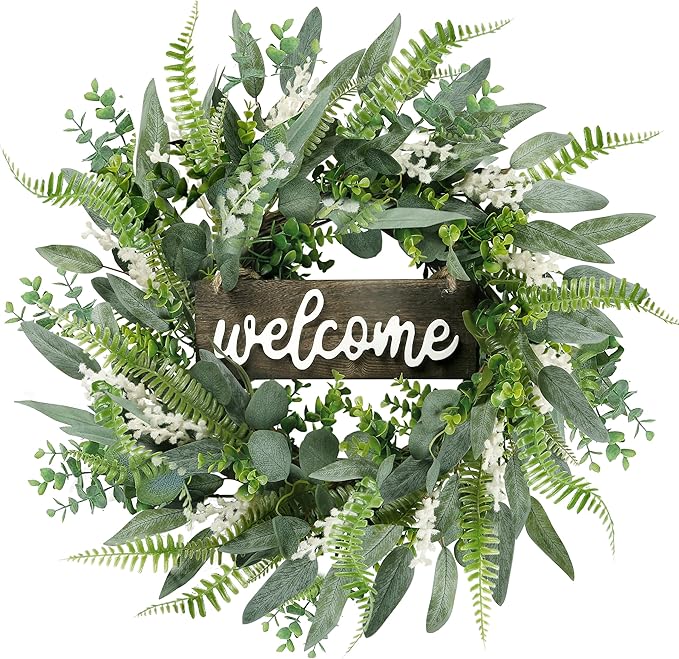 Sggvecsy Green Artificial Eucalyptus Wreath with Welcome Sign 20in Mixed White Berries Spring Summer Wreath for Front Door Wall Window Farmhouse Festival Porch Patio Garden Decor
