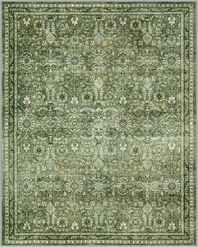 Lahome Moss Green Area Rug 8x10, Machine Washable Low Pile Thin Carpet for Living Room, Non-Slip Boho Rug for Bedroom Dining Office Apartments Home Decor