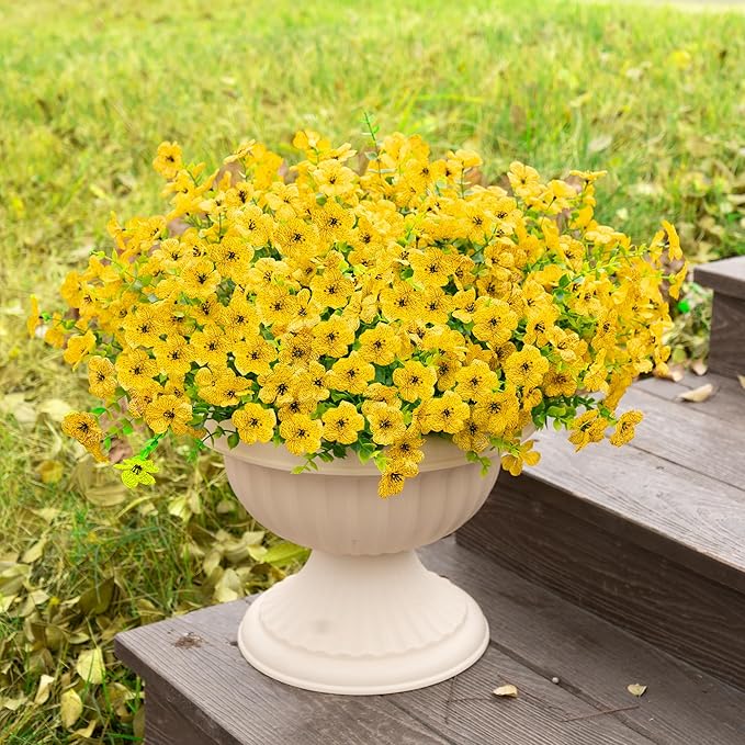 Artificial Fake Flowers Plants for Outdoors Outside Fall Autumn Decorations,Faux Mums Flowers Plants Silk Daisy Greenery Realistic UV Resistant Planter Front Porch Patio Garden Home 16 Bundles（Yellow）