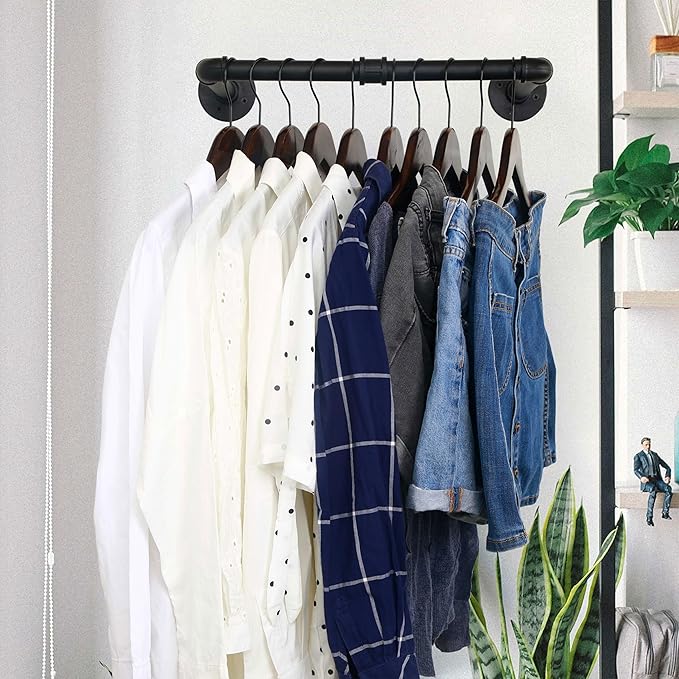 WEBI Clothing Rack Wall Mount,20" Industrial Pipe Clothes Rack for Hanging Clothes,Heavy Duty Iron Garment Rack Bar,Retail Display Clothes Rod for Closet,Laundry Room,Black,2 Packs