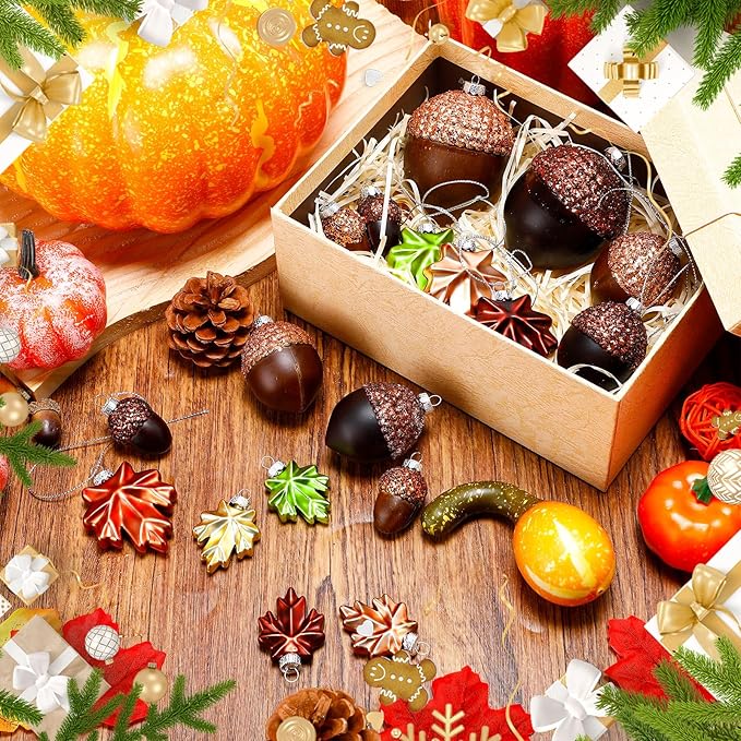 Soaoo 30 Pcs Acorn Hanging Ornaments for Winter Tree Maple Leaves Plastic Hanging Pendant Small Winter Decorations for Home Table Fireplace Party Decor(Matte Style)