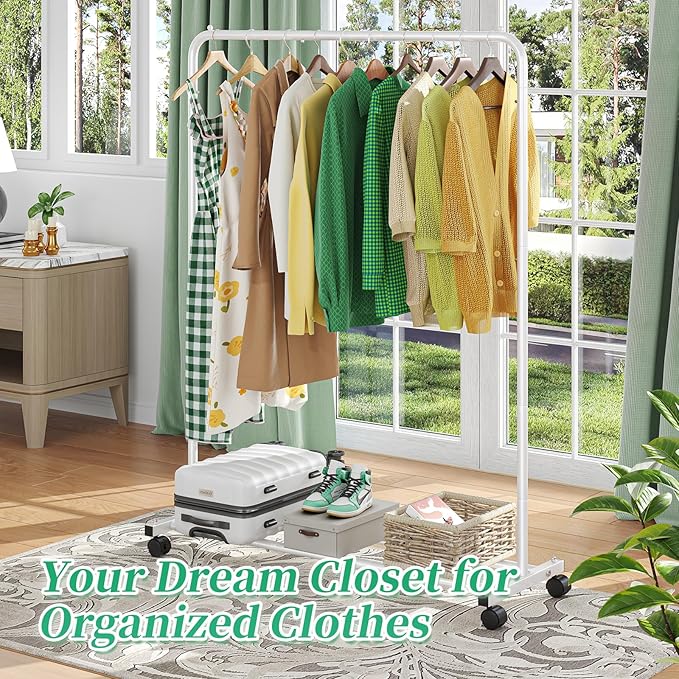 Simple Trending Standard Clothes Clothing Garment Rack with Storage Shelves, Rolling Clothes Organizer on Wheels for Hanging Clothes, White