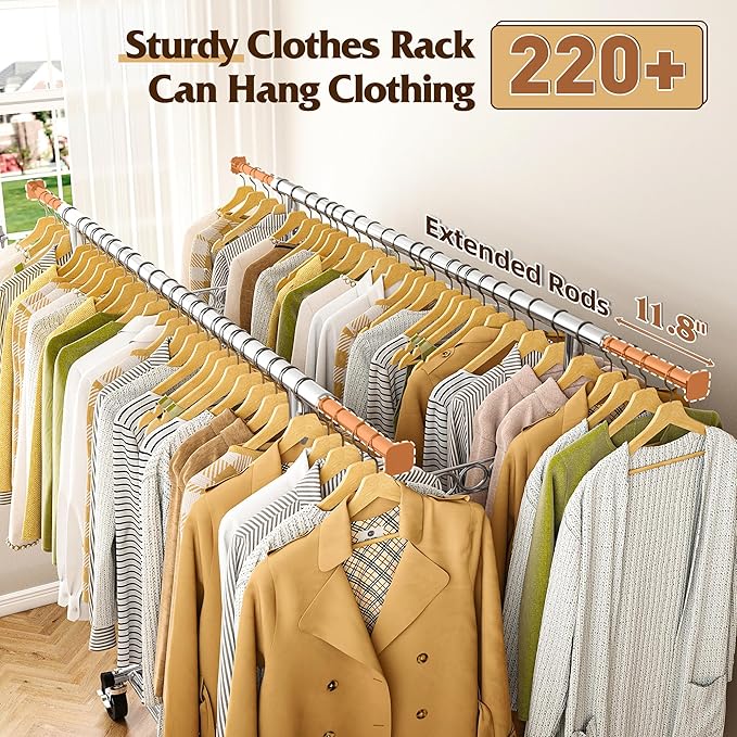 Raybee Clothes Rack Load 630LBS, Heavy Duty Clothes Rack, Rolling Clothing Racks for Hanging Clothes with Wheels, Adjustable & Commercial Garment Rack, 22" D x 75" W x 68" H