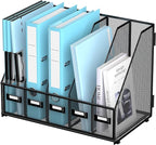 SUPEASY Desk Organizers Metal Desk Magazine File Holder with 16''x12''x12'' 5 Vertical Compartments Rack File Organizer for Office Desktop, Classroom, Home Workspace, Black Plus