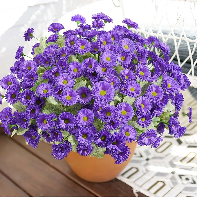 HyeFlora Artificial Fake Flowers for Outdoors Spring Summer Decor, 6 Bundles Faux Daisy Plants Silk Flowers for Outside Realistic UV Resistant for Outdoor Planter Porch Patio Balcony Yard Home, Purple