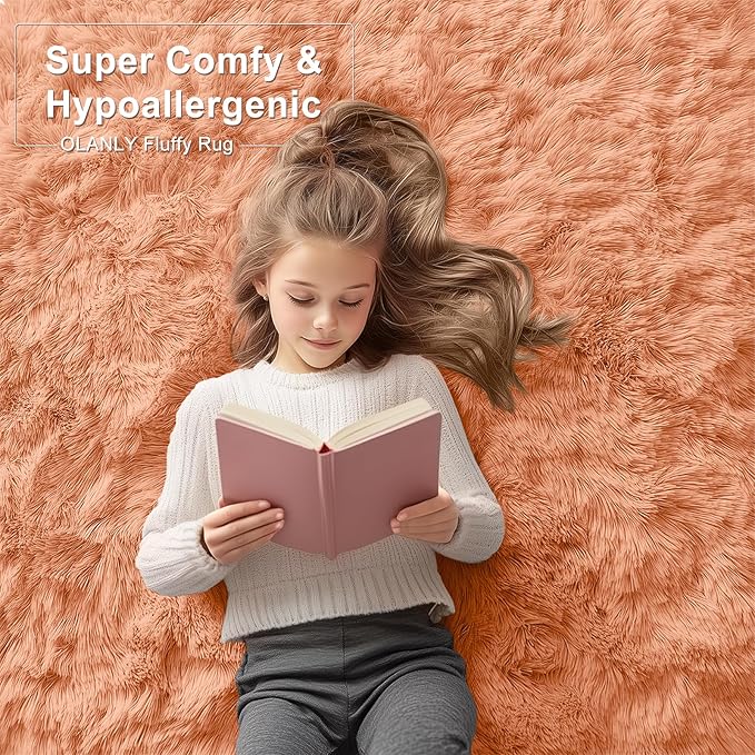 OLANLY 2x6 Machine Washable Runner Rugs for Hallway, Soft Fluffy Shaggy Bedside Rugs for Bedroom, Living Room, Indoor Floor Carpet for Kids Girls and Boys, Home Decor Aesthetic, Muted Orange
