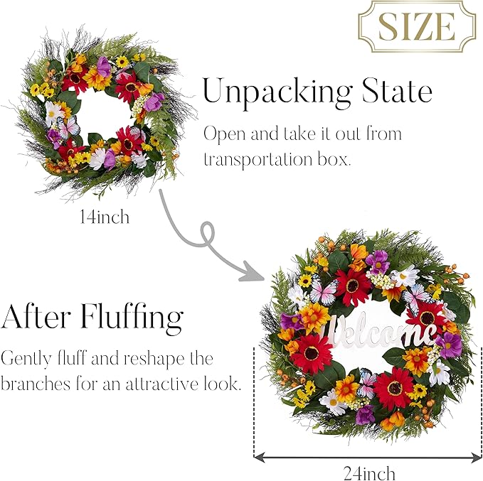 Valery Madelyn Spring Summer Wreaths for Front Door，Collapsible 24 Inch Door Wreath with Daisy Flower,Butterfly and “Welcome” Wood Sign Floral Wreath for Wedding, Wall, Home Decorations