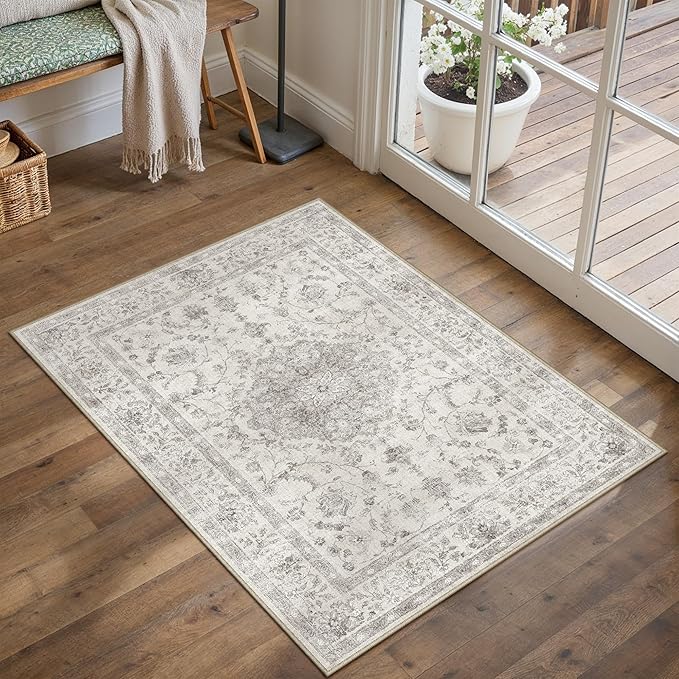 2x3 Area Rug Gray Washable Vintage Entryway Door Mat Carpet Small Non Slip Soft Low Pile Thin Kitchen Bathroom Retro Accent Throw Rug Entrance Bedroom Office Living Room