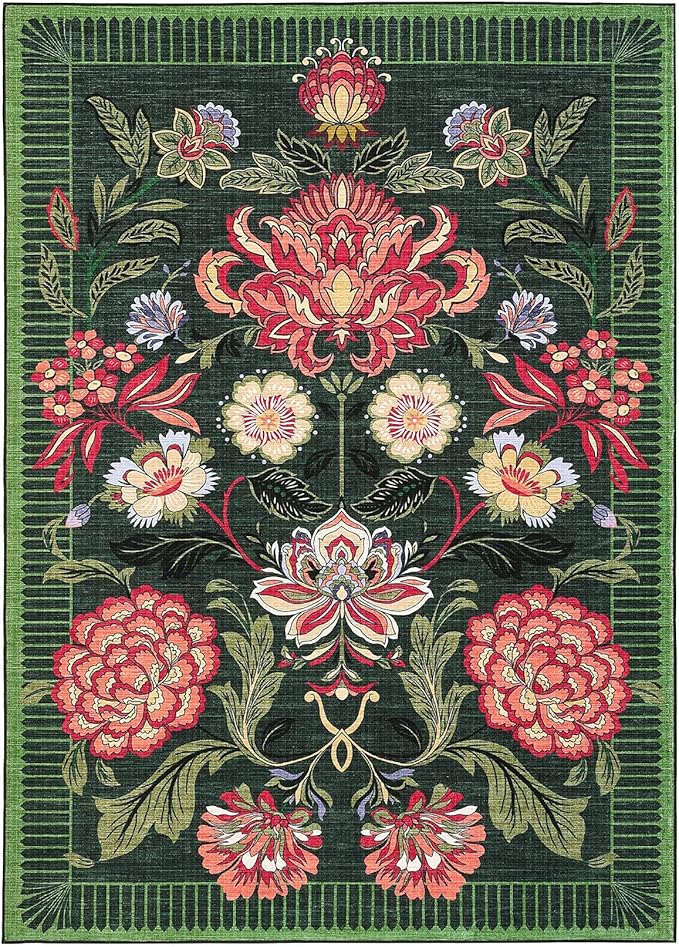 GarveeHome Forest Green Floral Christmas Washable Rugs 5x7 Area Rug for Living Room, Vintage Boho Cottage Throw Rugs Low Pile Carpet for Bedroom Dining Nursery Rug