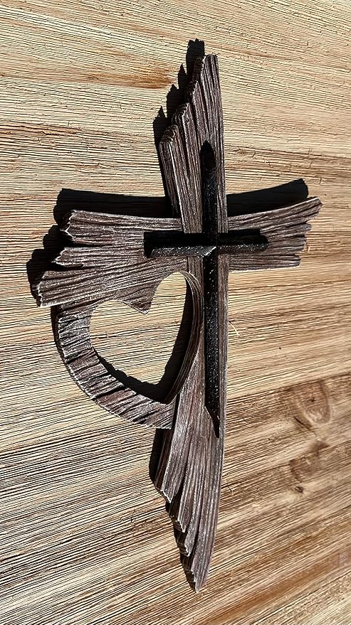 Top Brass Rustic One Love Decorative Heart Wall Cross - Multi Layered Weathered Wood Look Spiritual Jesus Art Sculpture